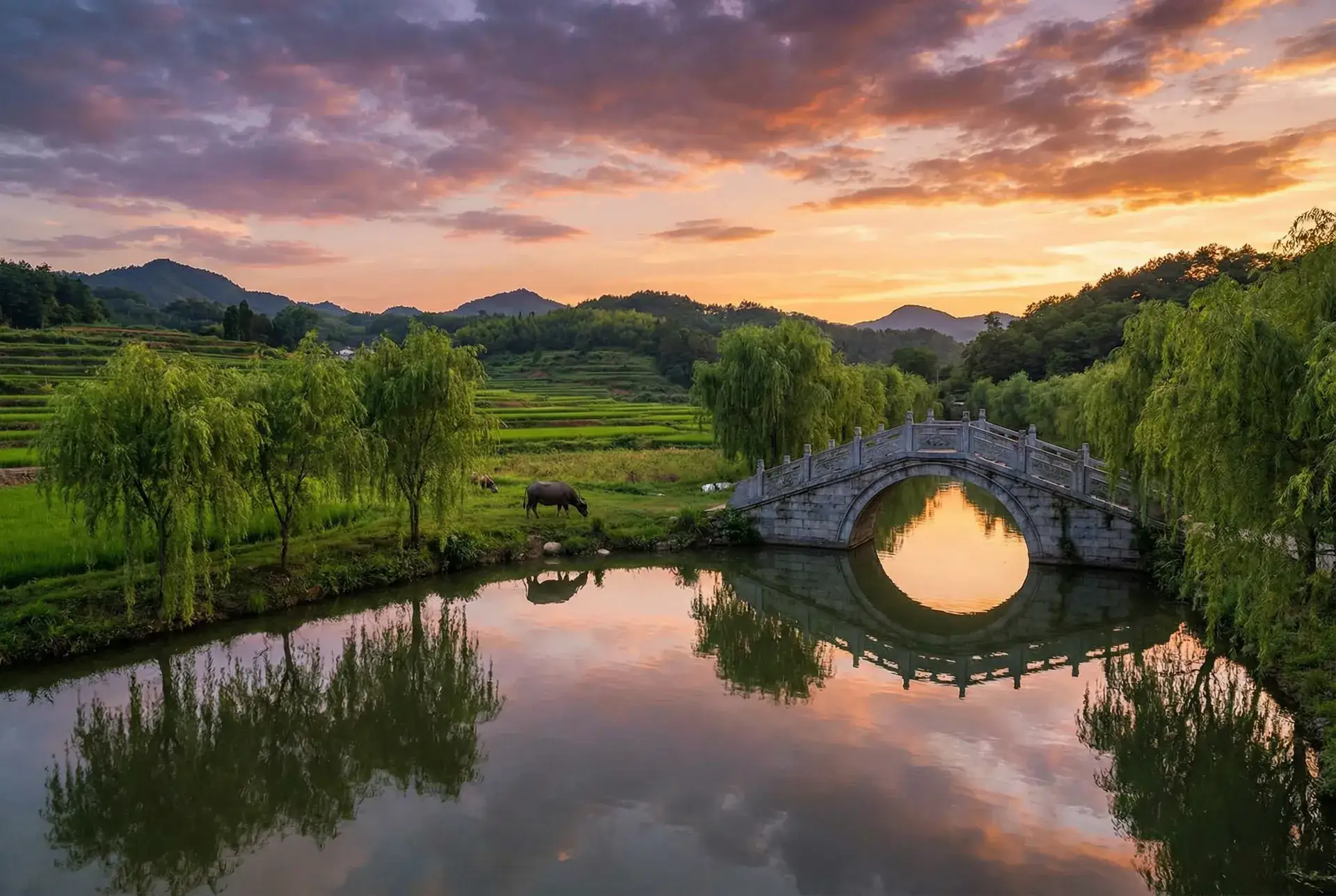夕阳下的石拱桥与垂柳，水牛在河边吃草 - 大恶司全集 乡村美景
